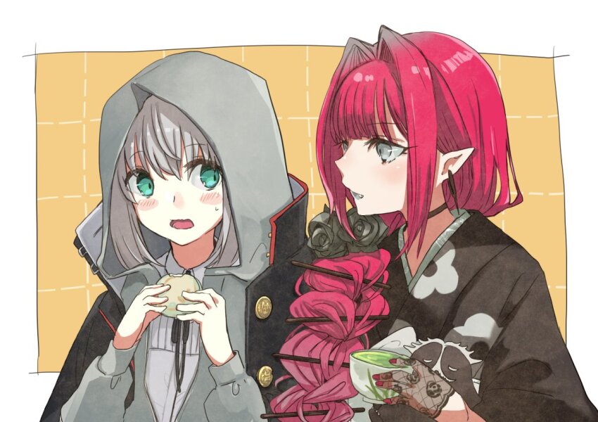 2girls, baobhan_sith_(fate), baobhan_sith_(over_the_same_sky)_(fate), black_kimono, blush, braid, cernunnos_(fate), cup