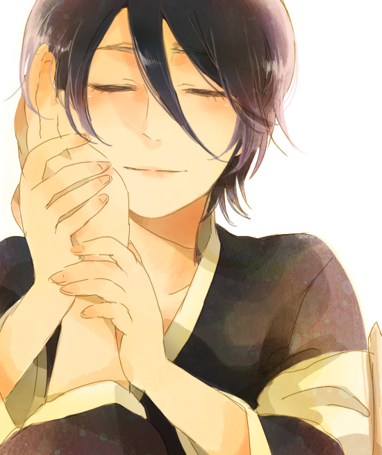 1girl, bad_id, bad_pixiv_id, black_hair, bleach, closed_eyes, hair_between_eyes, hand_on_another's_cheek, hand_on_another's_face, kuchiki_rukia, pov, roh_yon_ji, short_hair, smile, solo_focus