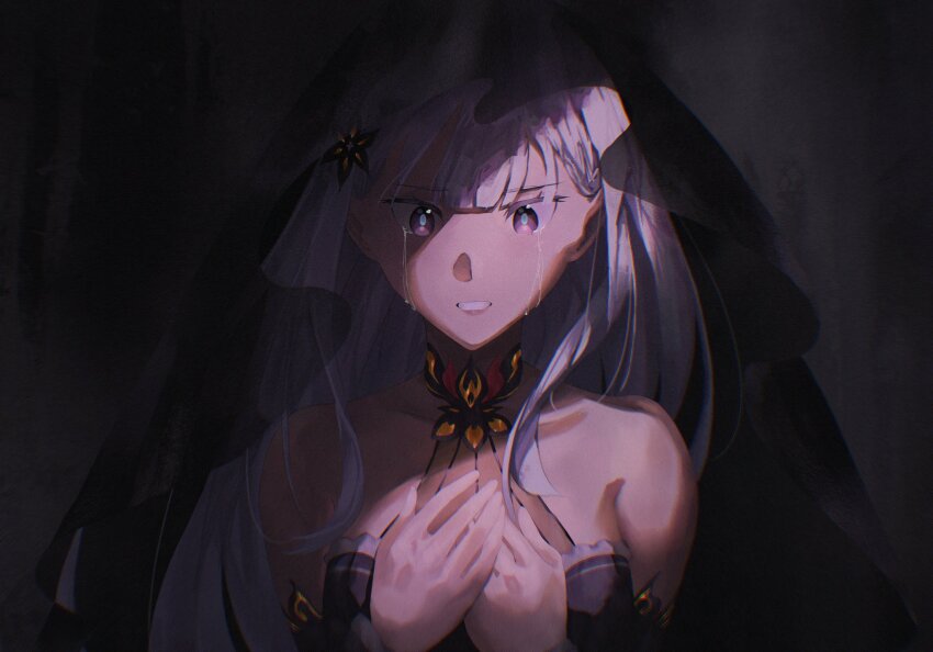 bare_shoulders, black_dress, choker, crying, crying_with_eyes_open, dark_background, dress, flower_ornament