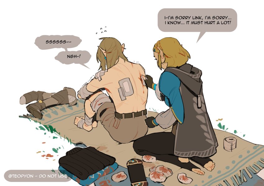 1boy, 1girl, absurdres, bandaged_arm, bandaged_foot, bandaged_leg, bandaged_torso, bandages, bandaid, bandaid_on_shoulder, barefoot, black_gloves, black_pants, blue_shirt, braid, breasts, crown_braid, earrings, english_text, fingerless_gloves, folded_clothes, full_body, gauze, gloves, gold_trim, grey_cloak, grey_pants, hair_ornament, hairclip, hand_on_wound, healing, highres, holding_cloth, hugging_own_legs, injury, jewelry, juliet_sleeves, kneeling, link, long_hair, long_sleeves, medium_breasts, nintendo, no_shoes, pants, parted_bangs, pointy_ears, princess_zelda, puffy_sleeves, pyonteo, rug, shirt, short_hair, sidelocks, sitting, the_legend_of_zelda, the_legend_of_zelda:_breath_of_the_wild, the_legend_of_zelda:_tears_of_the_kingdom, toeless_legwear, topless_male, twintails, white_background