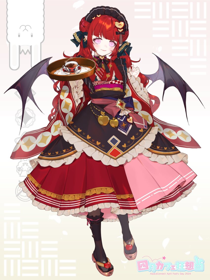 1girl, alpaca, alpaca_connect, apple, apple_hair_ornament, apple_slice, apron, bat_wings