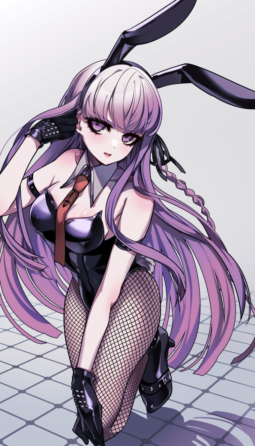 1girl, animal_ears, bare_shoulders, black_gloves, black_leotard, black_ribbon, braid, bunny_day, collarbone, commentary, danganronpa:_trigger_happy_havoc, danganronpa_(series), detached_collar, fake_animal_ears, fishnet_pantyhose, fishnets, gloves, hair_ribbon, highres, kirigiri_kyoko, leotard, long_hair, necktie, nota_sayaka, official_alternate_costume, orange_necktie, pantyhose, playboy_bunny, purple_eyes, purple_hair, rabbit_ears, ribbon, shadow, solo, very_long_hair