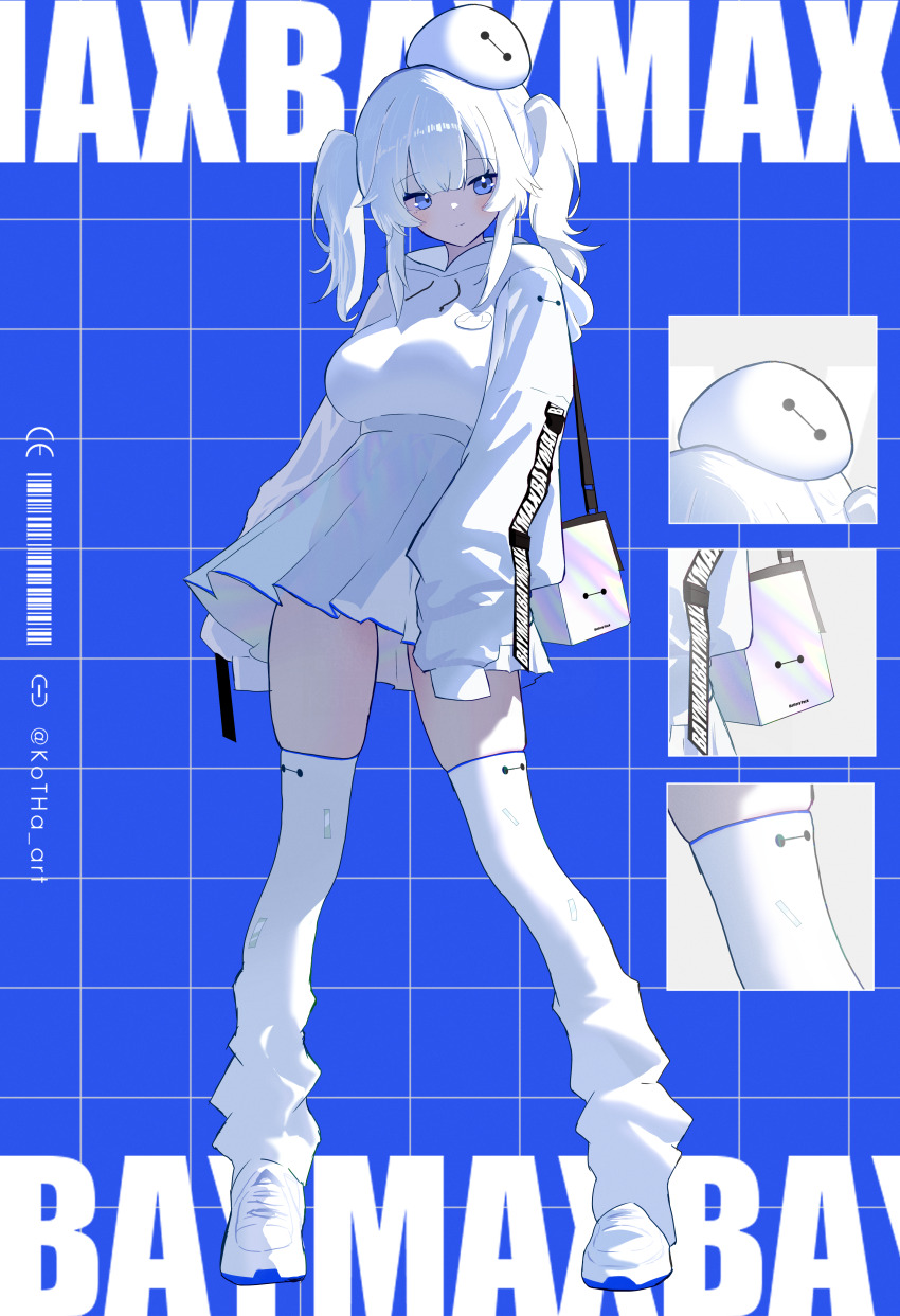 1girl, absurdres, animification, bag, baymax, big_hero_6, blue_background, blue_eyes