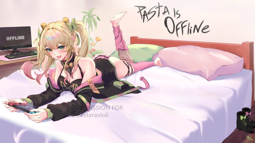 1girl, bed, bed_sheet, bedroom, blonde_hair, blush, boots, breasts, cleavage, commission, english_text, green_eyes, highres, indie_virtual_youtuber, jacket, jacket_on_shoulders, looking_at_viewer, lying, multicolored_hair, n4teart, nintendo_switch, on_stomach, pastaroniravioli, pillow, solo