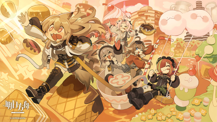 >_<, +_+, 5girls, :d, :p, aciddrop_(arknights), ahoge, animal_ears