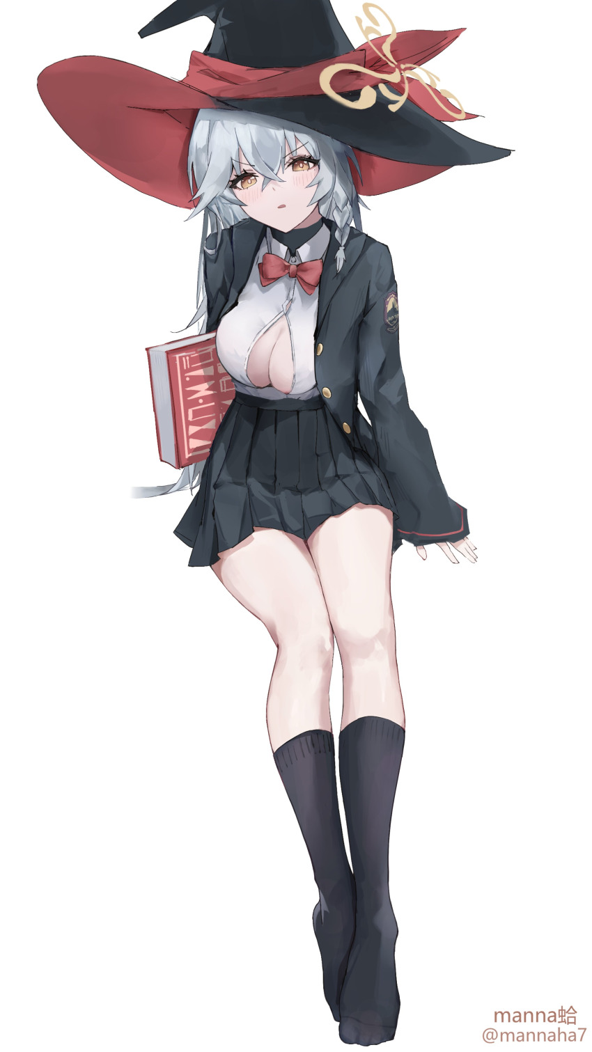 absurdres, ankle_socks, blue_archive, book, bow, bowtie, braid, breasts, cleavage, eri_(blue_archive), halo, hat, highres, jacket, long_coat, long_hair, mannaha7, orange_eyes, panties, partially_unbuttoned, shirt, skirt, socks, sweater, underwear, upskirt, white_hair, witch_hat