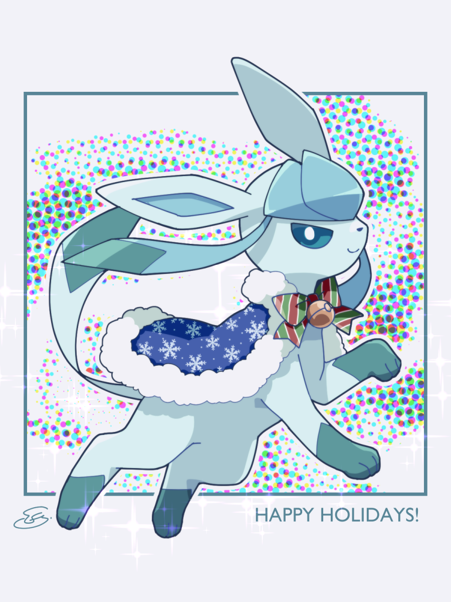 blue_eyes, bow, cape, closed_mouth, clothed_pokemon, commentary_request, gen_4_pokemon, glaceon, glaceon_(holiday), highres, hime_takeo, looking_at_viewer, nintendo, no_humans, pokemon, pokemon_(creature), pokemon_go, smile, solo