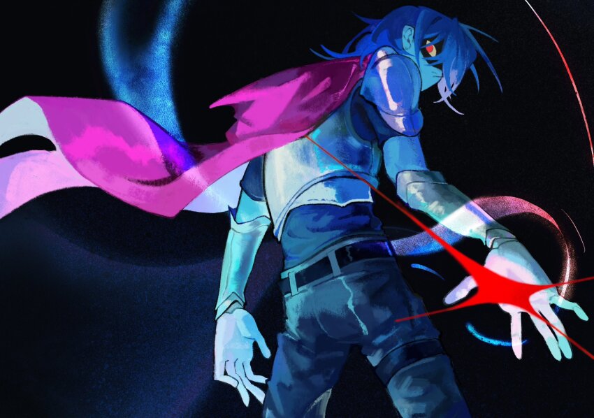 1other, armor, belt, black_background, blue_hair, blue_skin, bourbonciely, breastplate