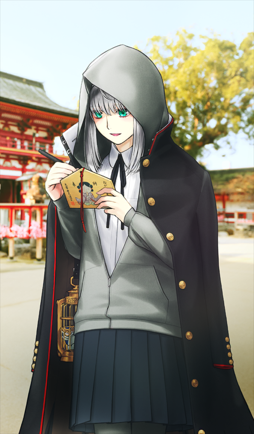 1girl, add_(fate), birdcage, black_coat, black_ribbon, black_skirt, blouse, buttons, cage, coat, coat_on_shoulders, commentary_request, cowboy_shot, cube, day, ema, fate/grand_order, fate_(series), game_cg, gray_(fate), gray_(over_the_same_sky)_(fate), green_eyes, grey_jacket, grey_pantyhose, hands_up, holding, holding_ema, holding_pen, hood, hood_up, hooded_jacket, jacket, long_hair, long_sleeves, looking_down, neck_ribbon, official_art, open_mouth, outdoors, pantyhose, partially_unzipped, pen, photo_background, pleated_skirt, ribbon, sakamoto_mineji, shirt, skirt, smile, solo, temple, third-party_source, unbuttoned, white_hair, white_shirt, writing