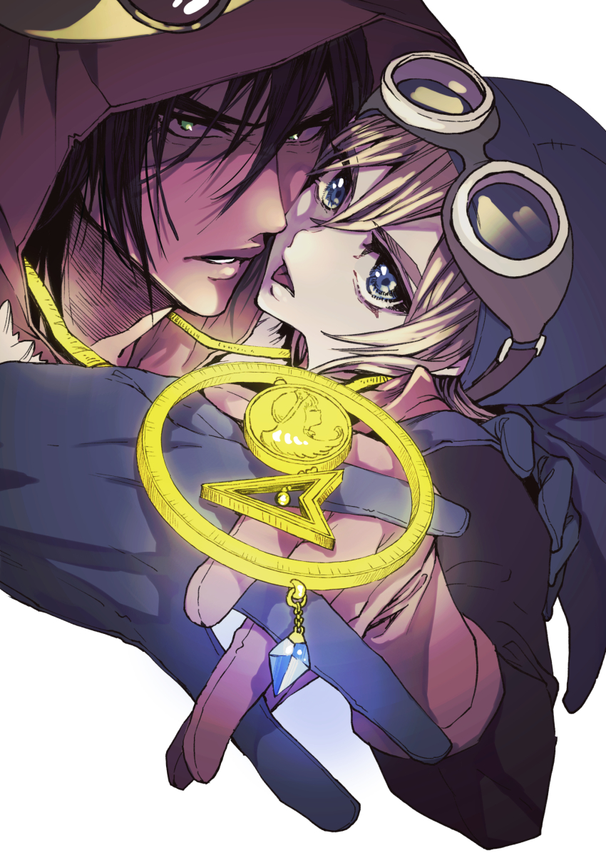 2boys, alternate_design, black_hair, blonde_hair, blue_eyes, blue_gloves, blue_hat, blue_tunic