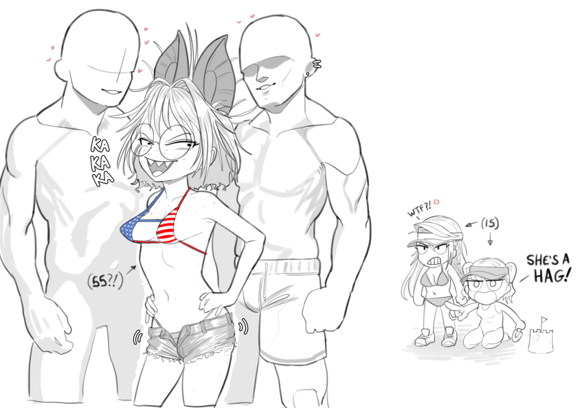 2boys, 3girls, american_flag, american_flag_bikini, american_flag_print, animal_ears, bat_ears, bat_girl, berit_(eisu), bikini, body_freckles, borrowed_character, breasts, codismal, commentary, english_commentary, english_text, flag_print, flag_print_bikini, freckles, greyscale, hair_intakes, harsha_(eisu), highres, long_hair, medium_breasts, medium_hair, monochrome, multiple_boys, multiple_girls, one-piece_swimsuit, original, print_bikini, sharp_teeth, short_shorts, shorts, simple_background, spot_color, swimsuit, teeth, tinker_belle_(eisu), twintails, white_background