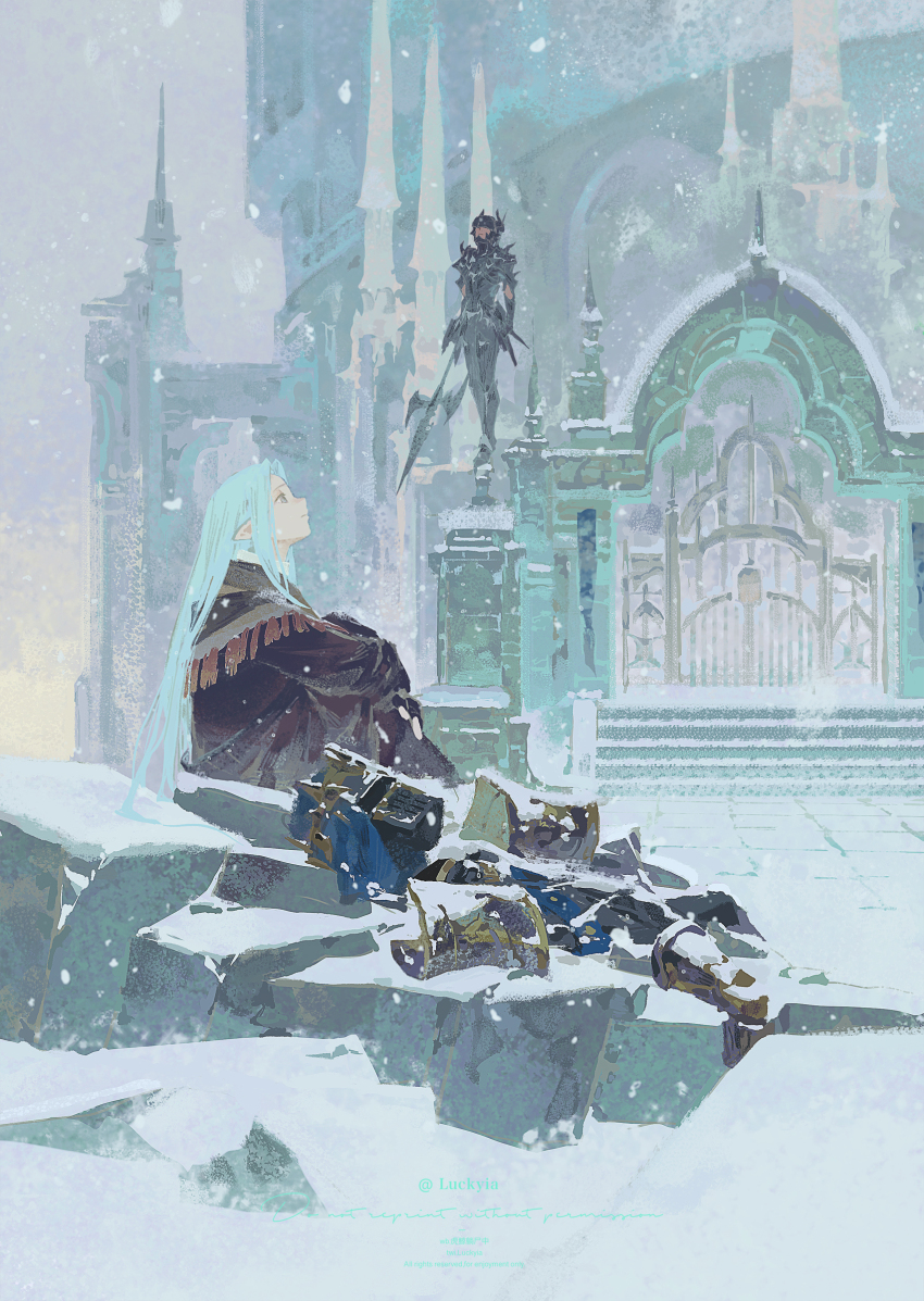 2boys, absurdres, androgynous, armor, black_armor, blue_hair, brown_coat, closed_mouth, coat, commentary, covered_eyes, dragoon_(final_fantasy), english_commentary, final_fantasy, final_fantasy_xiv, fray_myste, full_armor, gate, grey_eyes, halberd, helmet, helmet_over_eyes, highres, holding, holding_polearm, holding_weapon, ishgard_(ff14), knees_up, krita_(medium), legs_together, long_hair, long_pointy_ears, looking_ahead, luckyia, male_focus, multiple_boys, myste_(ff14), on_rock, outdoors, parted_bangs, pointy_ears, polearm, shoulder_spikes, sidelocks, sitting, snow, snowing, spikes, spire, stairs, standing, twitter_username, unworn_armor, unworn_headwear, unworn_helmet, very_long_hair, weapon