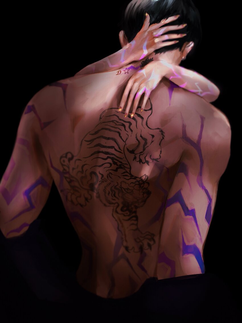 1boy, 1girl, absurdres, back, back_tattoo, black_background, black_hair, body_markings