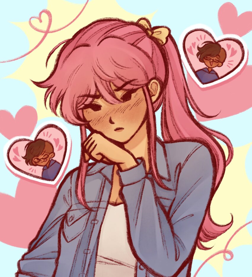 2girls, alternate_costume, alternate_eye_color, alternate_hairstyle, aubrey_(faraway)_(omori), aubrey_(omori), black_eyes, blue_hoodie