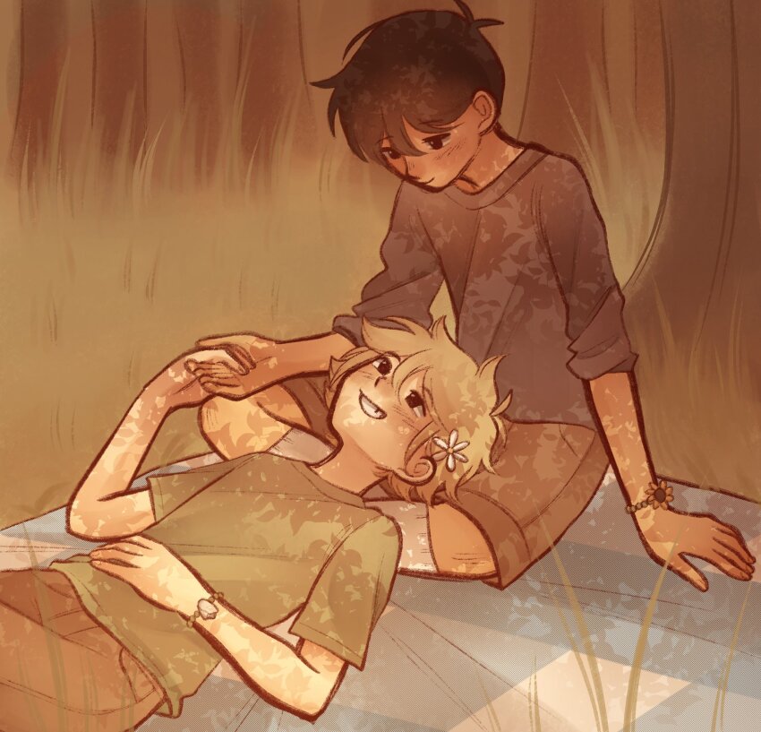 2boys, alternate_costume, alternate_eye_color, antenna_hair, basil_(faraway)_(omori), basil_(omori), black_eyes, black_hair