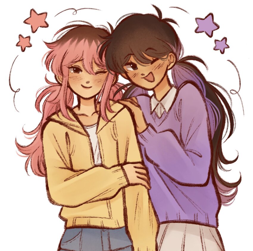 2girls, alternate_costume, alternate_hair_color, alternate_hairstyle, aubrey_(faraway)_(omori), aubrey_(omori), black_hair, blush