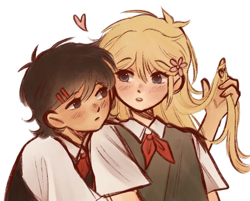 2girls, antenna_hair, basil_(faraway)_(omori), basil_(omori), black_eyes, black_hair, black_sweater_vest, blonde_hair