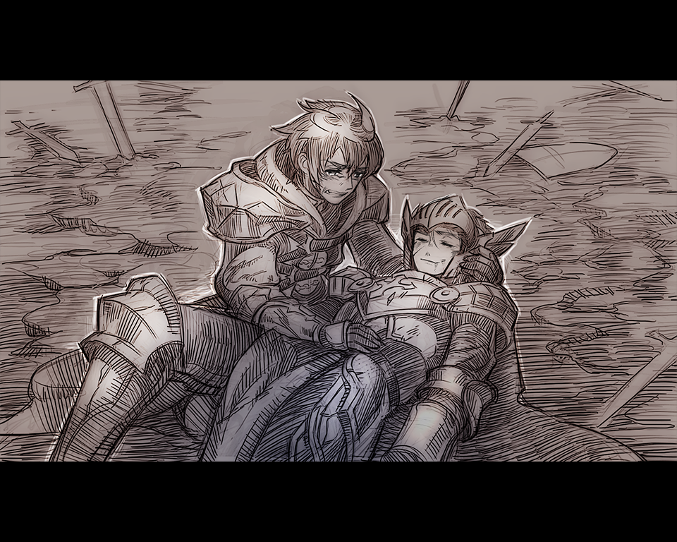 2boys, armor, artist_request, blood, blood_from_mouth, clause_(king's_raid), commentary, commentary_request