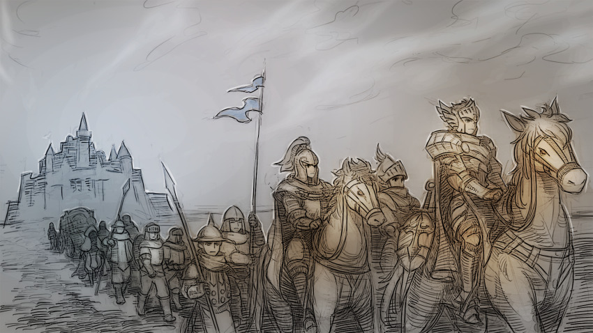 6+boys, armor, army, artist_request, castle, clause_(king's_raid), commentary, commentary_request, english_commentary, flag, game_cg, helmet, highres, holding, holding_polearm, holding_reins, holding_weapon, horse, horseback_riding, king's_raid, knight, korean_commentary, marching, mixed-language_commentary, multiple_boys, official_art, plume, polearm, reins, riding, shield, spear, sword, wagon, weapon, winged_helmet