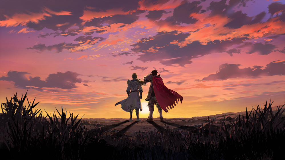 2boys, armor, artist_request, cape, clause_(king's_raid), cloud, cloudy_sky, coat