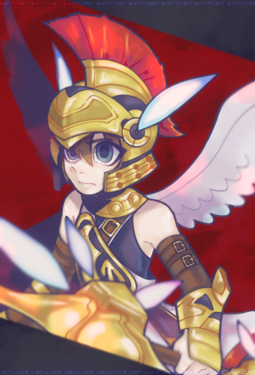 1boy, angel, angel_wings, artist_name, blue_eyes, bow_(weapon), brown_hair, combat_helmet