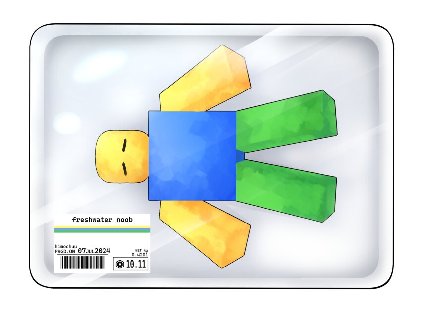 1other, animalization, closed_eyes, encasement, english_text, food_packaging, from_above, highres, himochuu, lying, no_humans, on_back, painterly, parody, plastic_wrap, roblox, still_life