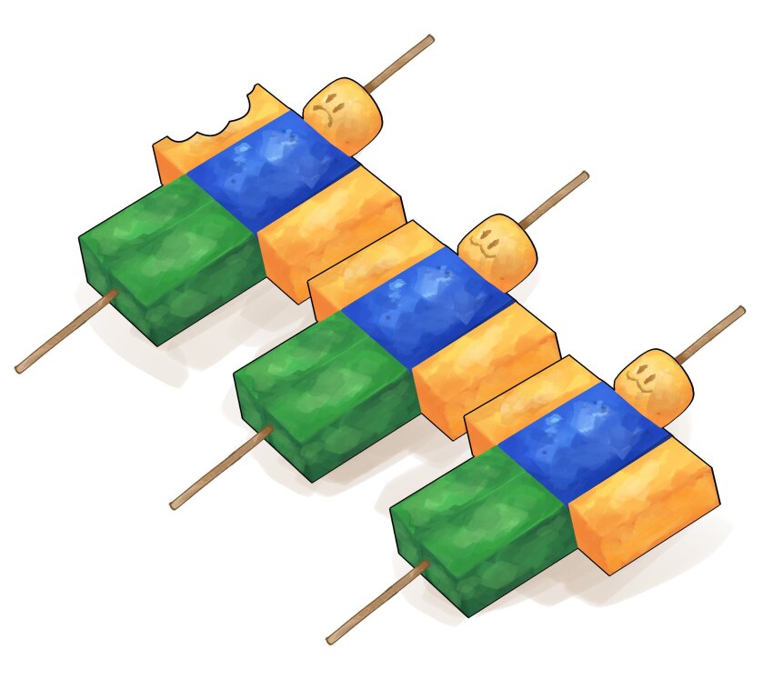 :3, absurdres, bite_mark, candied_fruit, character-themed_food, food_focus, from_above, frown, highres, himochuu, multiple_expressions, no_humans, painterly, personification, player_character_(roblox), roblox, simple_background, skewer, white_background