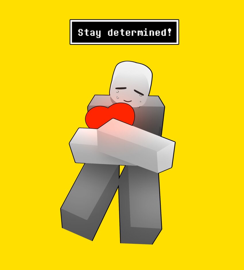 1other, closed_eyes, commentary, crying, english_commentary, english_text, facing_viewer, full_body, heart, highres, himochuu, holding, holding_heart, player_character_(roblox), roblox, self_hug, simple_background, smile, solo, undertale, utdr_(toby_fox), yellow_background