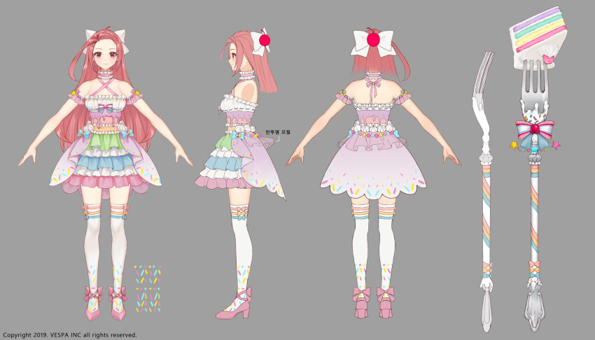 1girl, ankle_ribbon, arm_garter, blue_bow, blue_dress, bow, breasts, cake