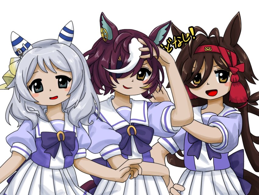 3girls, amadare_rak, animal_ears, back_bow, bow, bowtie, brown_hair, commentary_request, cowboy_shot, ear_covers, earclip, eyepatch, grey_eyes, grey_hair, hair_ornament, hairband, hand_in_own_hair, highres, hishi_miracle_(umamusume), horse_ears, horse_girl, horseshoe_ornament, long_hair, looking_at_viewer, multicolored_hair, multiple_girls, no_reason_(umamusume), open_mouth, parody, pleated_skirt, puffy_short_sleeves, puffy_sleeves, purple_bow, purple_bowtie, purple_shirt, red_hairband, sailor_collar, sailor_shirt, school_uniform, shirt, short_hair, short_sleeves, simple_background, skirt, smile, streaked_hair, style_parody, summer_uniform, tanino_gimlet_(umamusume), tassel, tassel_hair_ornament, touhou, tracen_school_uniform, umamusume, white_background, white_hair, white_skirt, zun_(style)