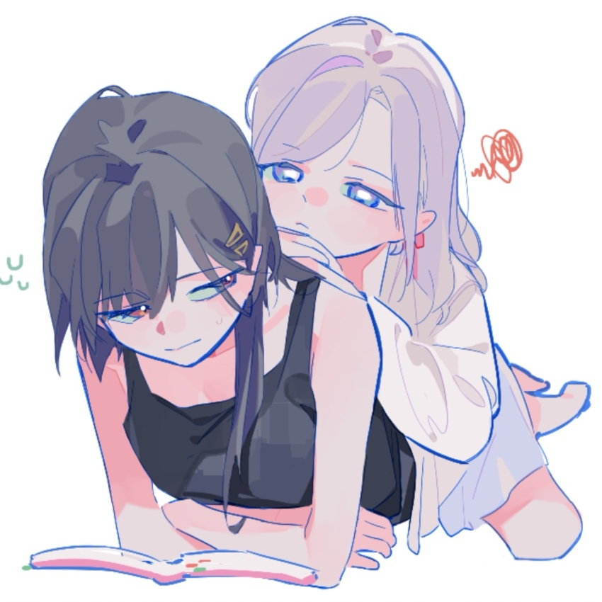 2girls, bare_shoulders, black_hair, black_tank_top, blue_eyes, book, ceras_yanagida_lilienfeld, ceras_yanagida_lilienfeld_(summer_loungewear)