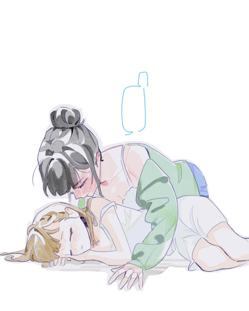 2girls, bare_shoulders, black_hair, blank_speech_bubble, blue_skirt, blush, braid, breasts