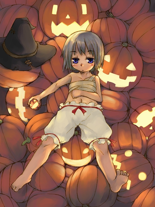 1girl, barefoot, bloomers, feet, female_focus, halloween, jack-o'-lantern, kome_(404), konpaku_youmu, pumpkin, sarashi, solo, topless_female, touhou, underwear, white_bloomers