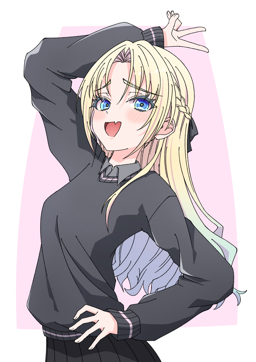 1girl, :d, absurdres, black_shirt, black_skirt, black_sweater, blonde_hair, blue_eyes