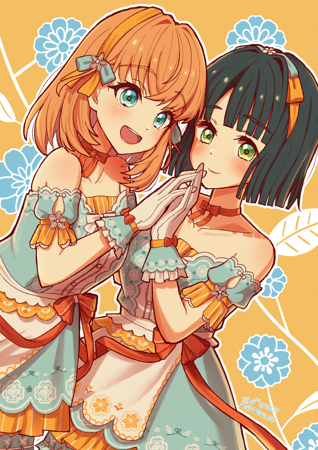 2girls, :d, aqua_eyes, armpit_crease, bare_shoulders, black_hair, blue_dress, breasts