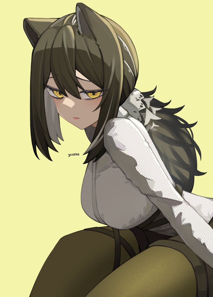 1girl, absurdres, animal_ears, arknights, artist_name, breasts, brown_hair, collared_shirt