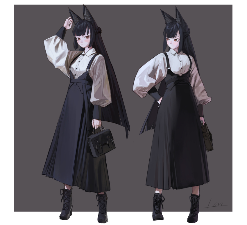1girl, absurdres, alternate_costume, animal_ears, arm_up, bag, black_boots, black_hair