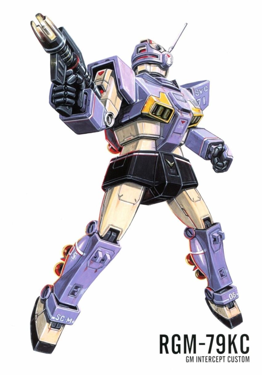 1980s_(style), aiming, assault_visor, beam_gun, character_name, gm_(mobile_suit), gm_interceptor_custom, gundam, gundam_msv, highres, machinery, magazine_scan, mecha, mecha_focus, mobile_suit, no_humans, official_art, oldschool, ookawara_kunio, painting_(medium), radio_antenna, realistic, red_visor, retro_artstyle, robot, scan, science_fiction, traditional_media, vernier_thrusters, white_background