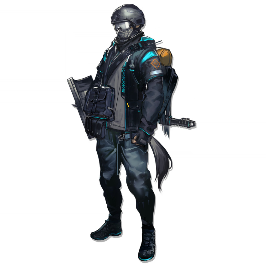 1boy, arknights, backpack, bag, black_gloves, black_jacket, black_shoes, blue_pants