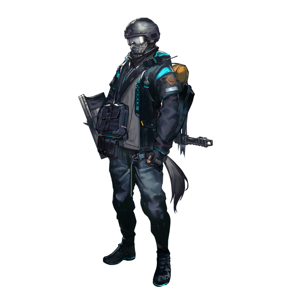 1boy, arknights, backpack, bag, black_gloves, black_jacket, black_shoes, blue_pants