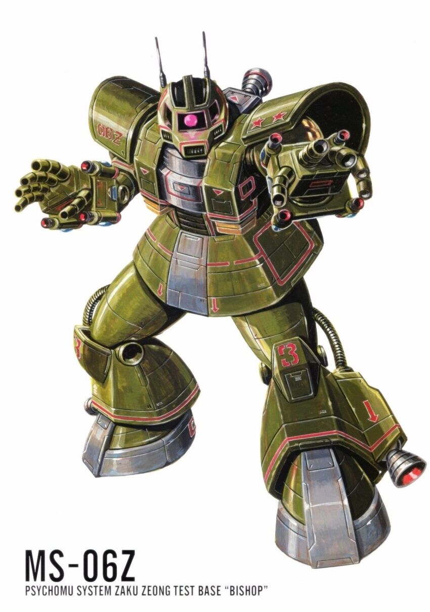 1980s_(style), aiming, aiming_at_viewer, beam_cannon, cable, character_name, finger_cannon, gundam, gundam_msv, highres, machinery, magazine_scan, mecha, mecha_focus, mobile_suit, no_humans, official_art, oldschool, one-eyed, ookawara_kunio, painting_(medium), pink_eyes, psycommu_zaku, radio_antenna, realistic, retro_artstyle, robot, scan, science_fiction, solo, thrusters, traditional_media, vernier_thrusters, white_background, zeon