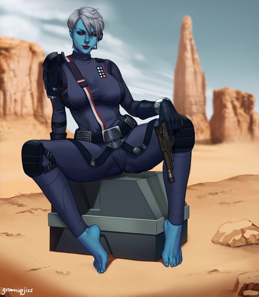 1girl, absurdres, alien, armor, blue_bodysuit, blue_skin, blurry, blurry_background