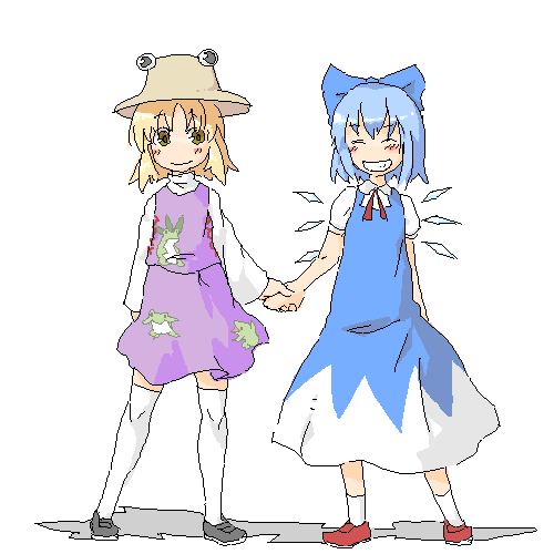 2girls, blonde_hair, bow, cirno, female_focus, grin, holding_hands, hat