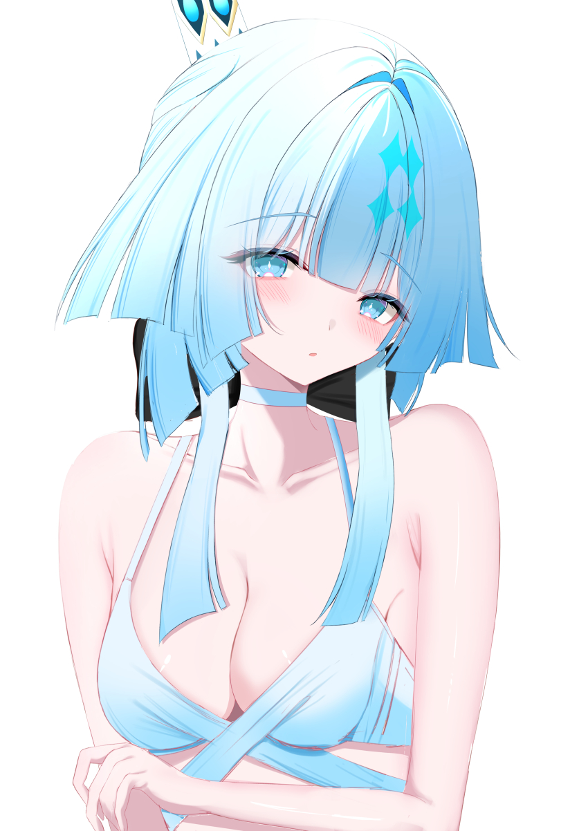 1girl, absurdres, alternate_breast_size_(larger), bare_shoulders, bikini, blue_bikini, blue_eyes, blue_hair