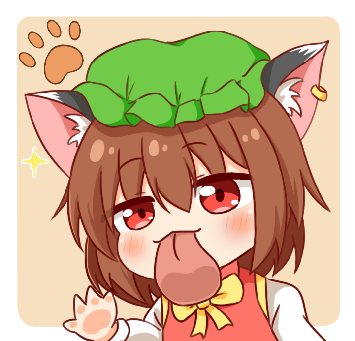 1girl, animal_ear_fluff, animal_ear_piercing, animal_ears, blush, bow, bowtie, brown_hair, cat_ears, chen, chibi, earrings, hand_on_screen, hat, jewelry, licking_screen, long_sleeves, looking_at_viewer, red_eyes, shirt, short_hair, solo, sparkle, tongue, tongue_out, touhou, white_shirt, yellow_bow, yige_lurenjia