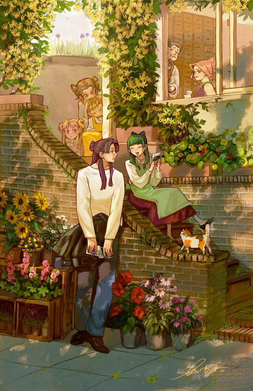 2boys, 5girls, alternate_costume, apron, beads, black_jacket, black_shoes, blue_bow, blue_pants, blunt_bangs, bow, brown_eyes, brown_hair, calico_(pattern), calico_cat, cat, closed_eyes, closed_mouth, commentary, contemporary, cup, daisy_(flower), double_bun, drawer, earrings, english_commentary, facial_hair, flower, flower_pot, freckles, goatee, green_apron, green_hair, guen_(kusuriya_no_hitorigoto), gyokuyou_(kusuriya_no_hitorigoto), hair_beads, hair_bow, hair_bun, hair_ornament, hair_slicked_back, half_updo, hands_up, highres, holding, holding_cup, jacket, jewelry, jinshi_(kusuriya_no_hitorigoto), kusuriya_no_hitorigoto, lipstick, lishu_(kusuriya_no_hitorigoto), long_hair, long_sleeves, looking_at_another, makeup, maomao_(kusuriya_no_hitorigoto), multiple_boys, multiple_girls, mustache, necklace, open_mouth, outdoors, packet, pants, parted_bangs, pink_flower, pink_hair, plant, potted_plant, purple_flower, purple_hair, qrbits, red_flower, red_lips, red_skirt, shirt, shisui_(kusuriya_no_hitorigoto), shoes, signature, sitting, sitting_on_stairs, skirt, smile, stairs, standing, sunflower, unworn_jacket, white_flower, white_shirt, window, xiaolan_(kusuriya_no_hitorigoto), yellow_apron, yellow_flower