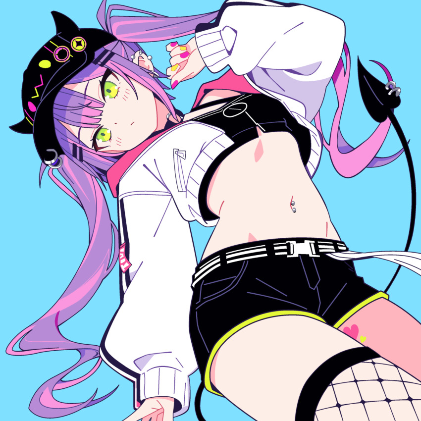 barbell_piercing, baseball_cap, belt, bibi_(tokoyami_towa), black_choker, black_hat, black_shorts, black_tank_top