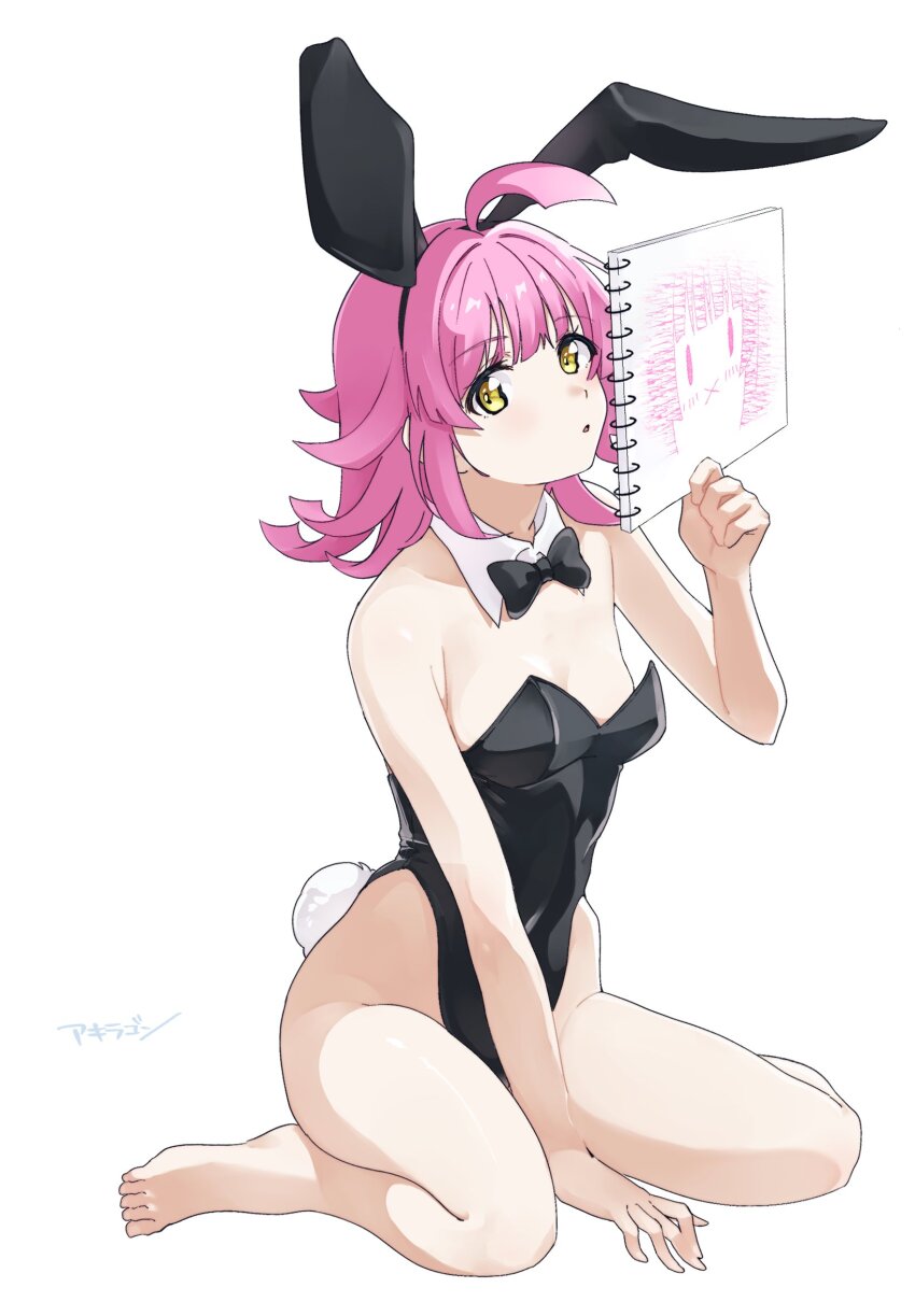 1girl, ahoge, akira_hjk, animal_ear_hairband, animal_ears, bare_legs, barefoot, black_bow