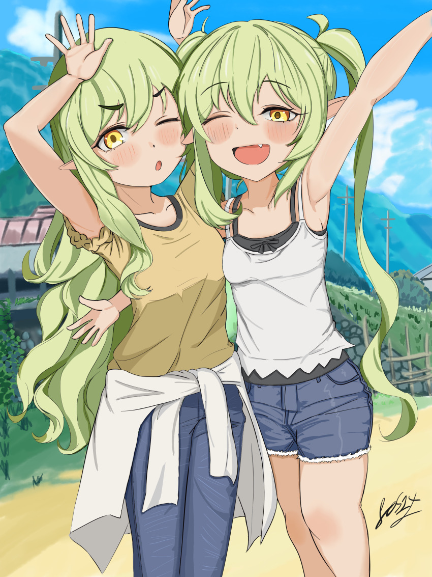 2girls, absurdres, alternate_costume, blue_archive, color_connection, cosplay, day, denim