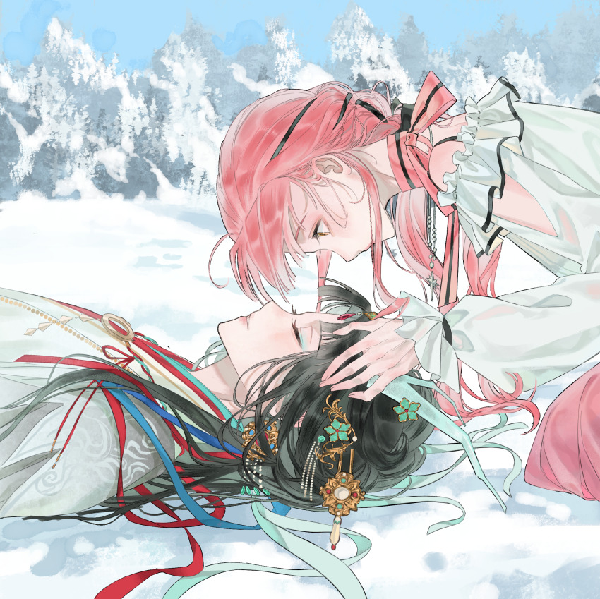 2girls, arm_cutout, bead_necklace, beads, black_bow, black_hair, black_ribbon, blue_eyeliner